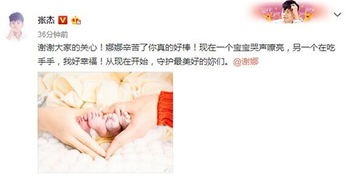 謝娜產(chǎn)下雙胞胎 張杰升級(jí)當(dāng)爸爸